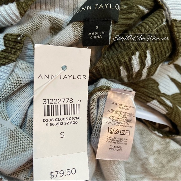 Ann Taylor NWT seaweed green & pale blue botanical print elbow sleeve sweater - Picture 7 of 9